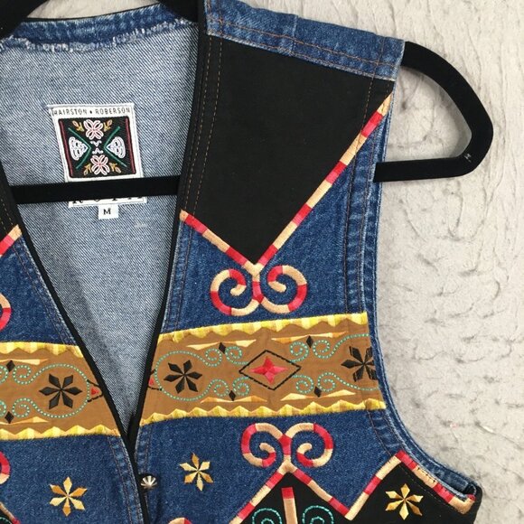 Vintage Hairston Roberson Ropa Vest Womens M  Blue Denim Embroidery Boho Art - Picture 12 of 16